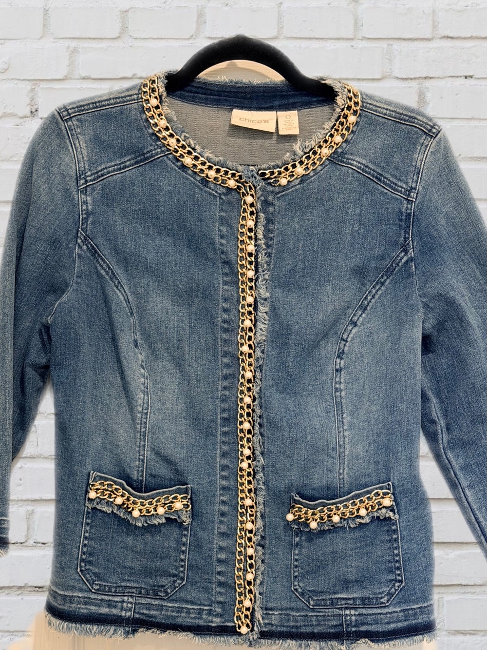Chico's Denim Jacket with Gold Chain and Pearl Trim in Blue